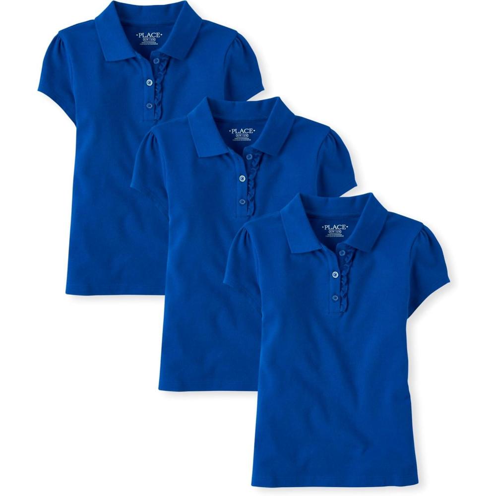 imageThe Childrens Place Girls Short Sleeve Ruffle Pique Polo 3 PackRenew Blue