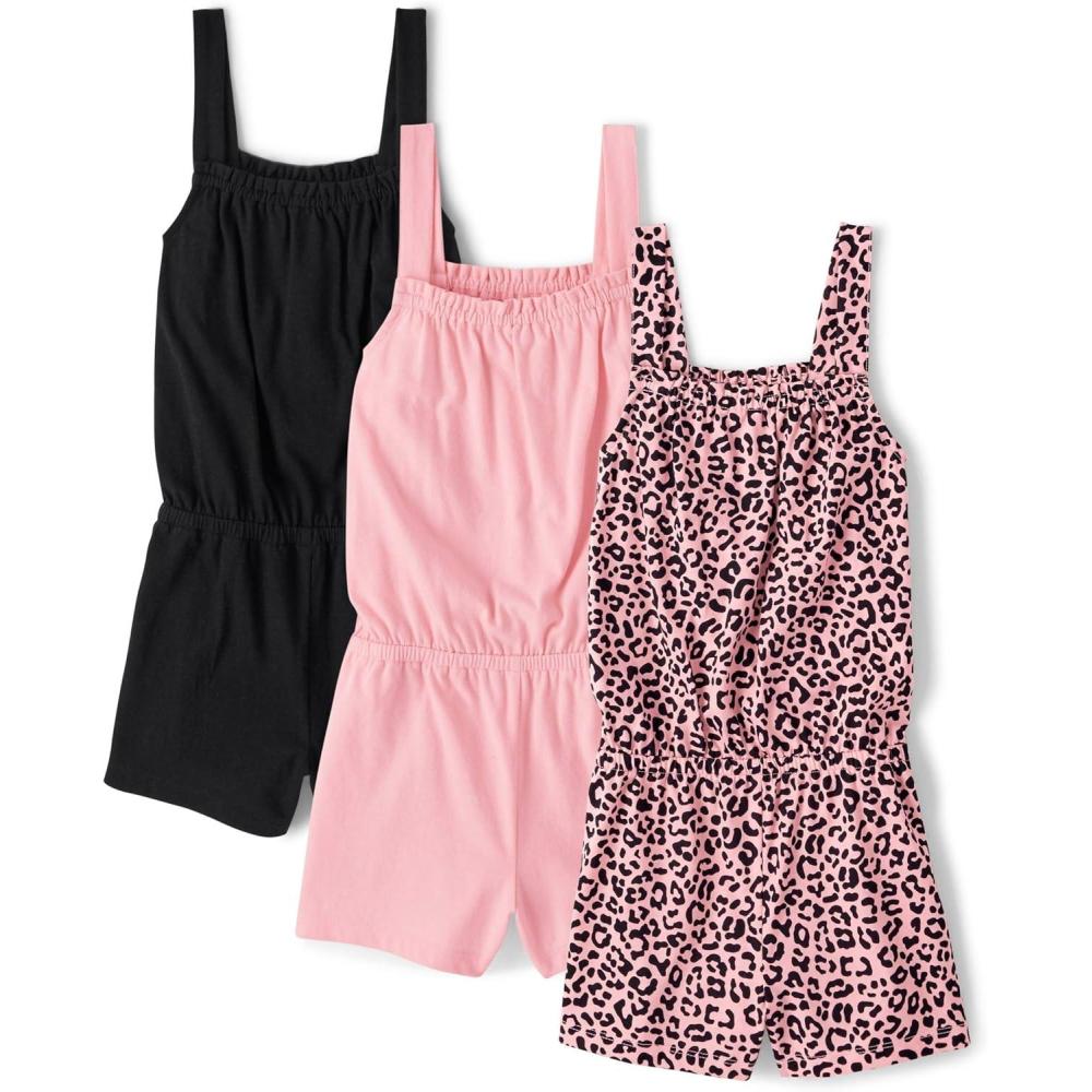 imageThe Childrens Place Girls Sleeveless Summer RomperPink Leopard 3pack