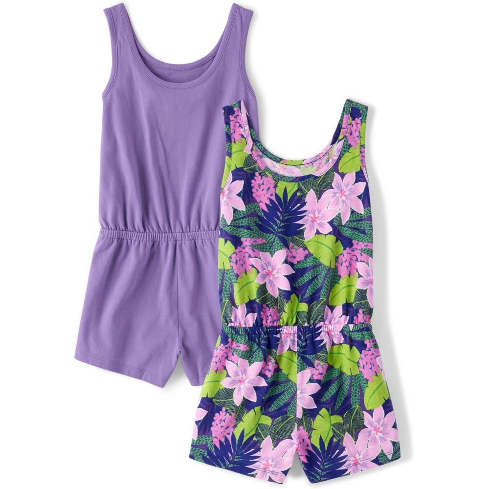 imageThe Childrens Place Girls Sleeveless Summer RomperPurple Floral 2pack