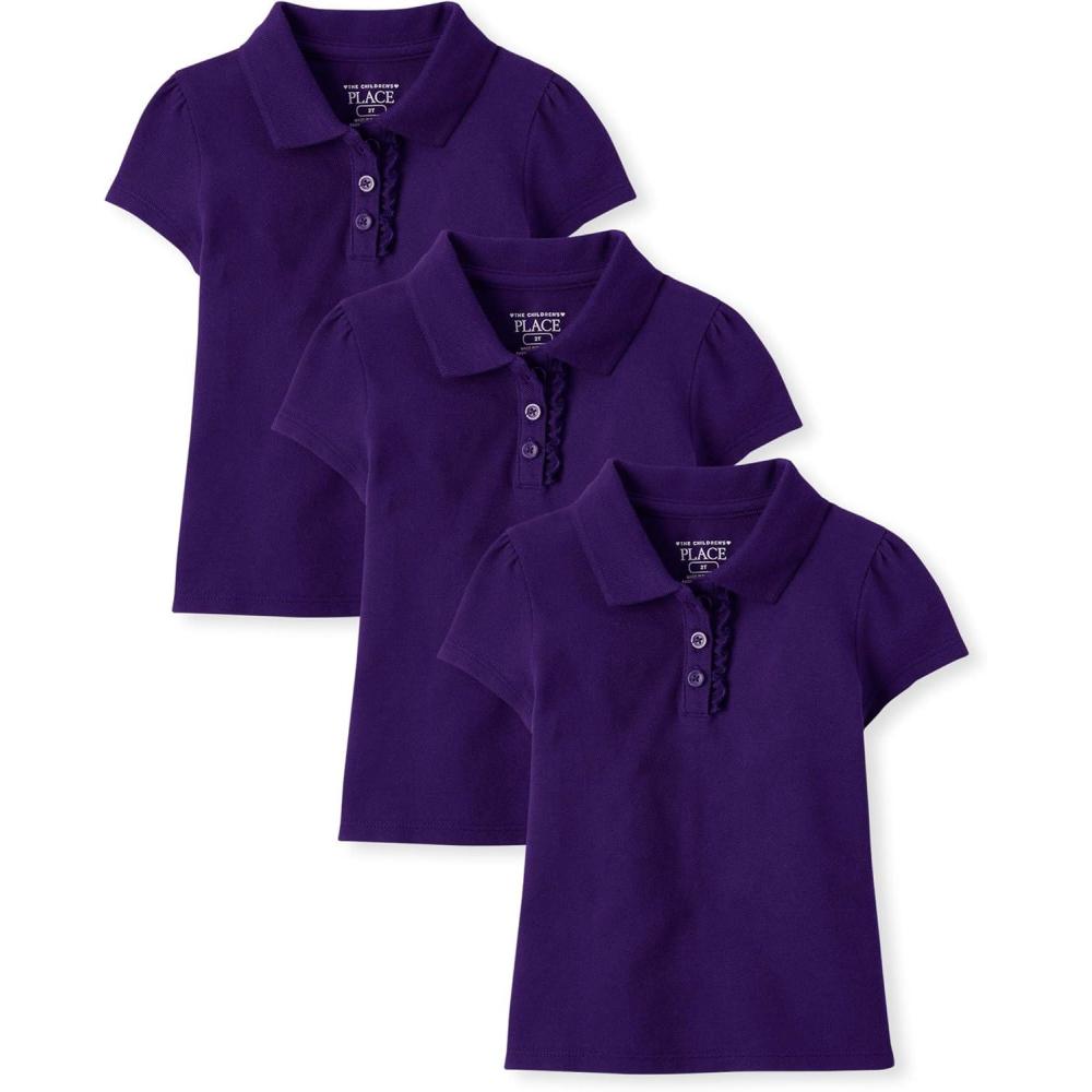 imageThe Childrens Place Girls Toddler Mulipack Short Sleeve Ruffle Pique PolosRegal Violet 3pack