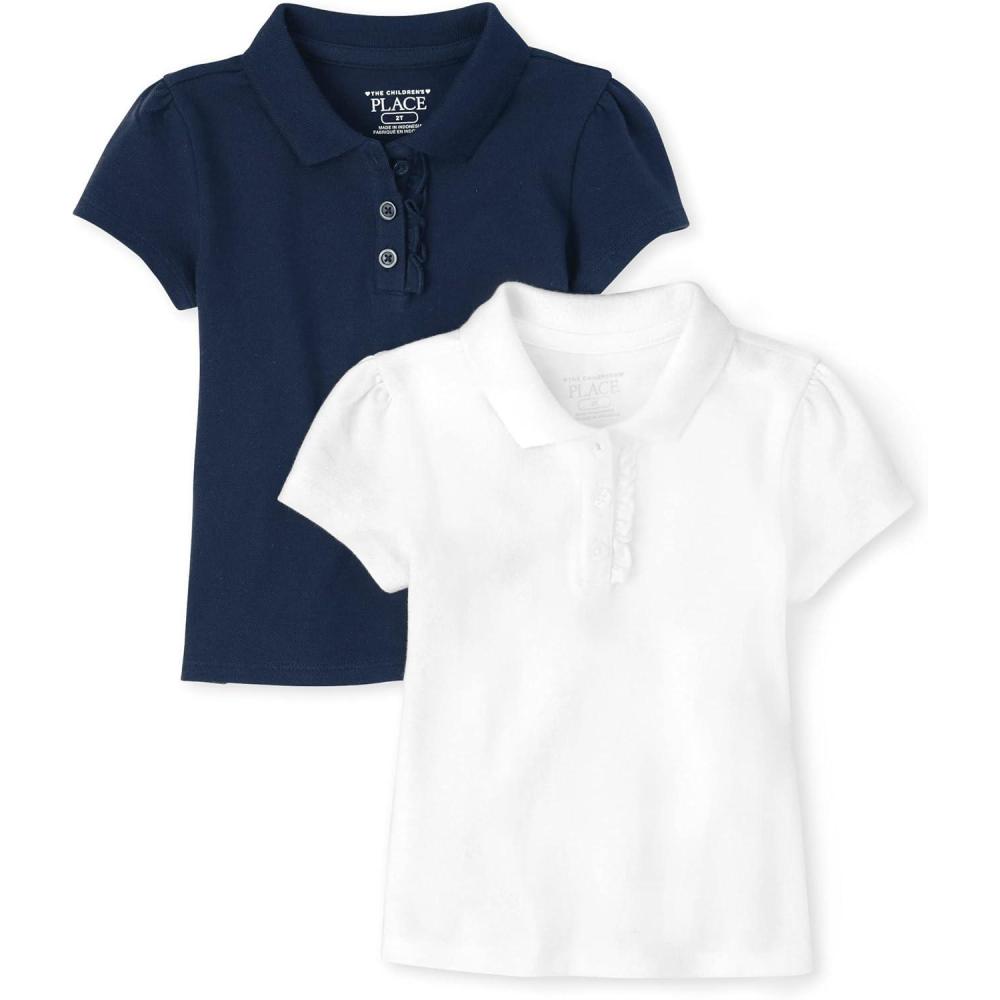 imageThe Childrens Place Girls Toddler Mulipack Short Sleeve Ruffle Pique PolosTidalWhite 2pack