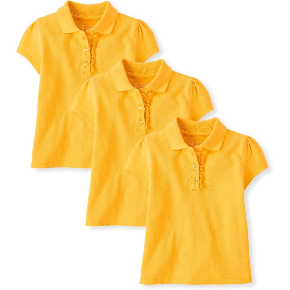 imageThe Childrens Place Girls Toddler Mulipack Short Sleeve Ruffle Pique PolosYellow Pencil 3pack