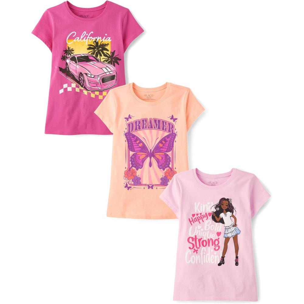 imageThe Childrens Place Girls UnicornsButterfly Short Sleeve Graphic TShirts3 PackButterflyCarGirl Be You
