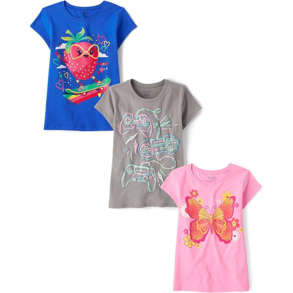 imageThe Childrens Place Girls UnicornsButterfly Short Sleeve Graphic TShirts3 PackButterflyStrawberryGame Controllers