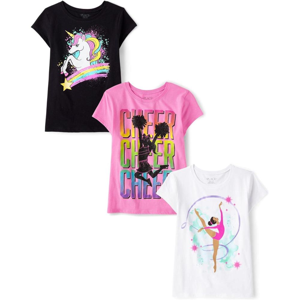 imageThe Childrens Place Girls UnicornsButterfly Short Sleeve Graphic TShirts3 PackCheerUnicornGymnastics