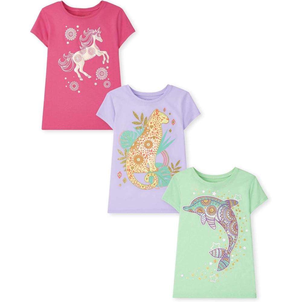 imageThe Childrens Place Girls UnicornsButterfly Short Sleeve Graphic TShirts3 PackCheetahDolphinUnicorn