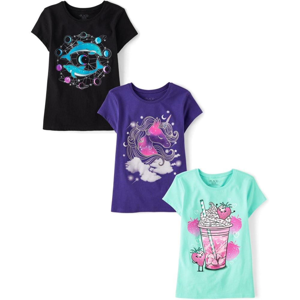 imageThe Childrens Place Girls UnicornsButterfly Short Sleeve Graphic TShirts3 PackDolphinsUnicornDrink