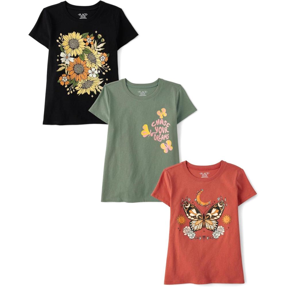imageThe Childrens Place Girls UnicornsButterfly Short Sleeve Graphic TShirts3 PackDreamsButterflyFlowers