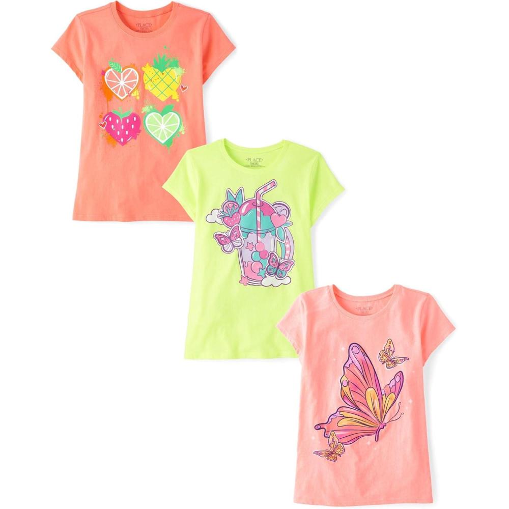 imageThe Childrens Place Girls UnicornsButterfly Short Sleeve Graphic TShirts3 PackFruit HeartsDrinkButterfly