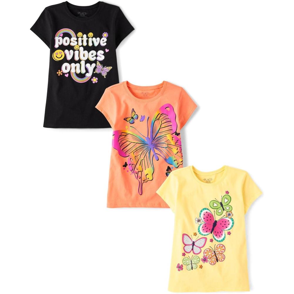 imageThe Childrens Place Girls UnicornsButterfly Short Sleeve Graphic TShirts3 PackPositive VibesButterflyButterflies