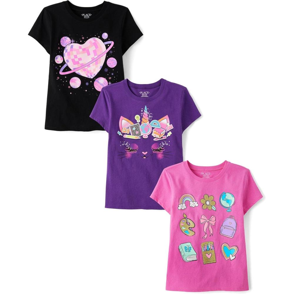 imageThe Childrens Place Girls UnicornsButterfly Short Sleeve Graphic TShirts3 PackSpace HeartUnicornIcons