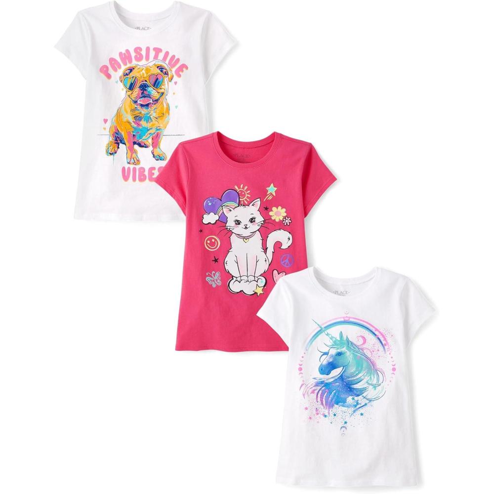 imageThe Childrens Place Girls UnicornsButterfly Short Sleeve Graphic TShirts3 PackUnicornCatPawsitive Vibes