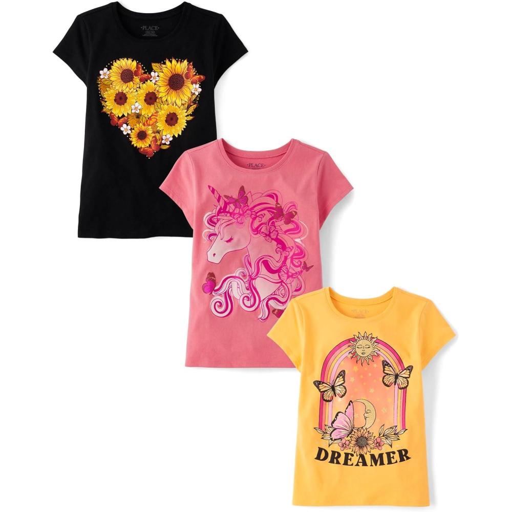imageThe Childrens Place Girls UnicornsButterfly Short Sleeve Graphic TShirts3 PackUnicornDreamerSunflower