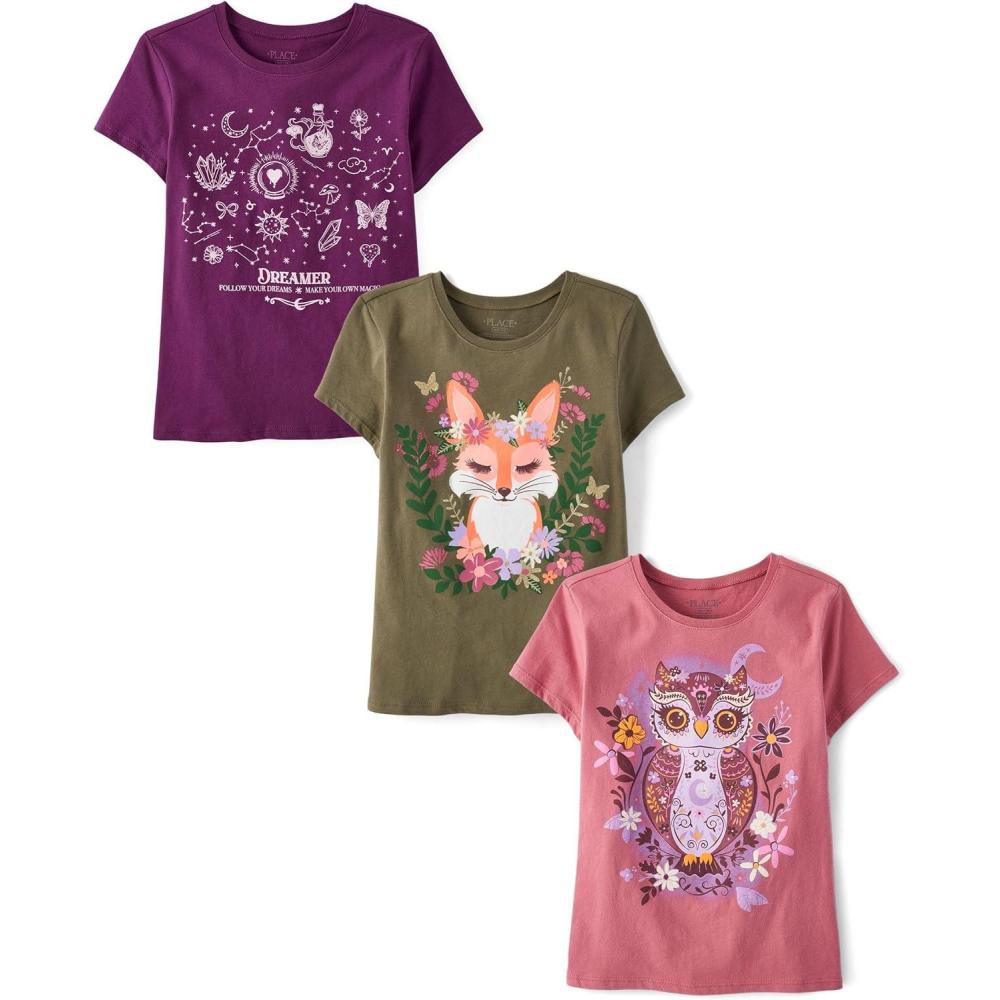 imageThe Childrens Place Girls UnicornsButterfly Short Sleeve Graphic TShirts3 PackUnicornFoxOwl