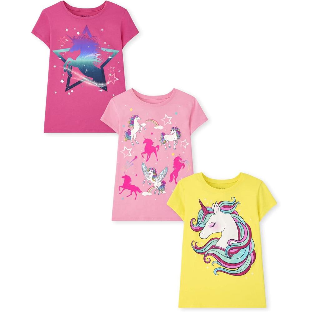 imageThe Childrens Place Girls UnicornsButterfly Short Sleeve Graphic TShirts3 PackUnicornUnicorn RainbowUnicorn Star