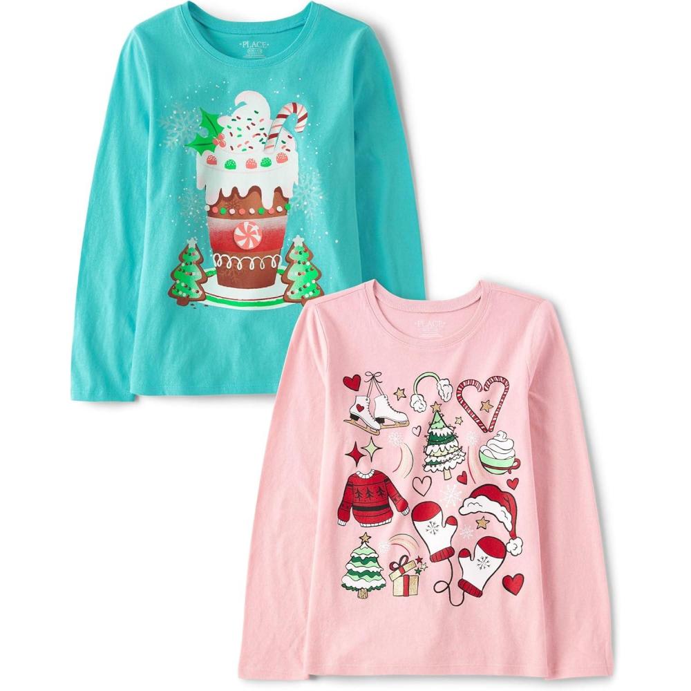 imageThe Childrens Place UnisexChild All HolidaysBirthdays Long Sleeve Graphic TShirts2 PackHoliday DoodleHoliday Drink