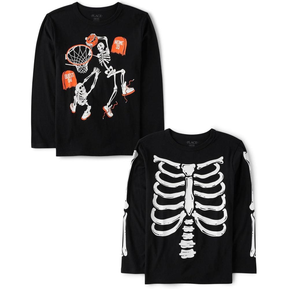 imageThe Childrens Place UnisexChild All HolidaysBirthdays Long Sleeve Graphic TShirts2 PackSkeleton BasketballSkeleton