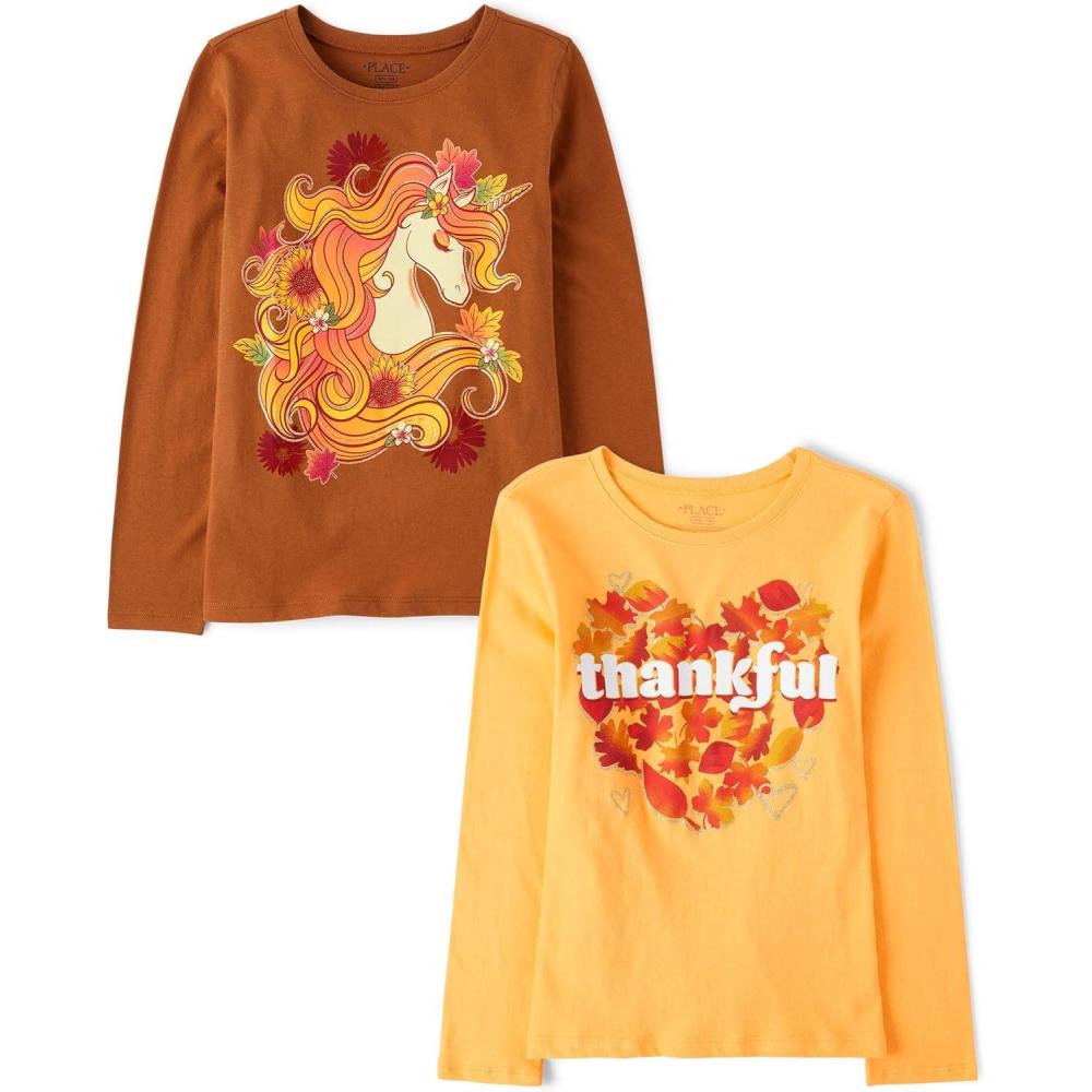 imageThe Childrens Place UnisexChild All HolidaysBirthdays Long Sleeve Graphic TShirts2 PackSunflower UnicornThankful