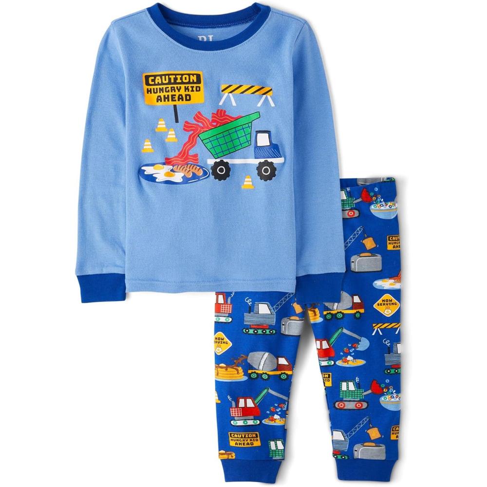 imageThe Childrens Place baby boys Button Long Sleeve Top and Pants Snug Fit 100 Cotton 2 Piece Pajama SetBlue Construction