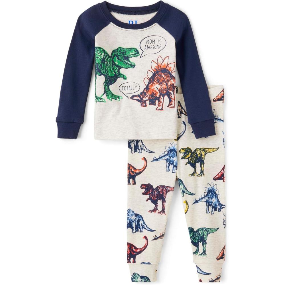 imageThe Childrens Place baby boys Button Long Sleeve Top and Pants Snug Fit 100 Cotton 2 Piece Pajama SetDino Sketches