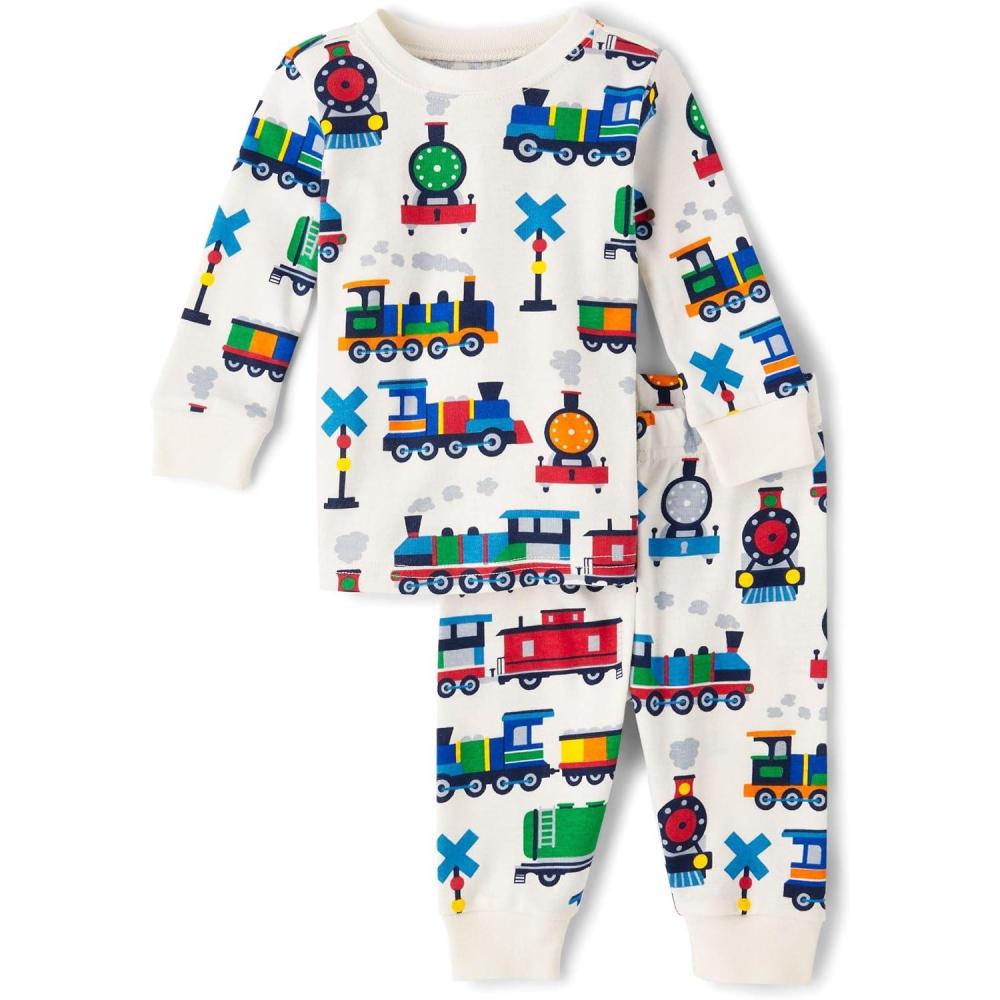imageThe Childrens Place baby boys Button Long Sleeve Top and Pants Snug Fit 100 Cotton 2 Piece Pajama SetTrains