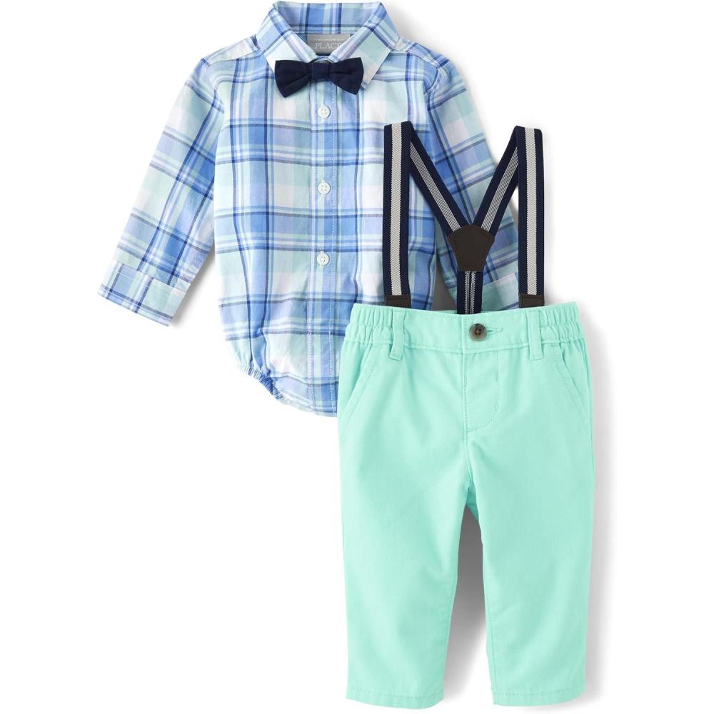 imageThe Childrens Place babyboys And Newborn Button Down Shirt and Pants 2 Piece OutfitMellow Aqua Set