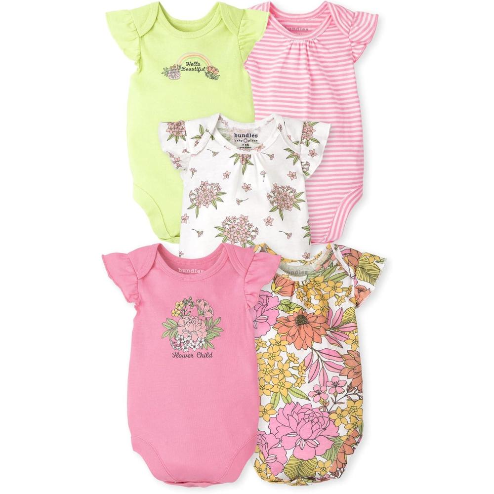 imageThe Childrens Place babyboys And Newborn Short Sleeve Bodysuits MultipacksFlower ChildBeautiful 5pack