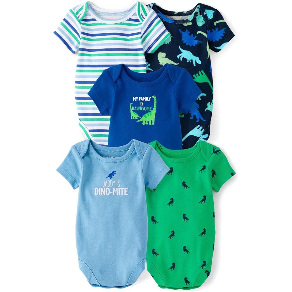 imageThe Childrens Place babyboys And Newborn Short Sleeve BodysuitsmultipacksAtomic Blue Dino 5pack