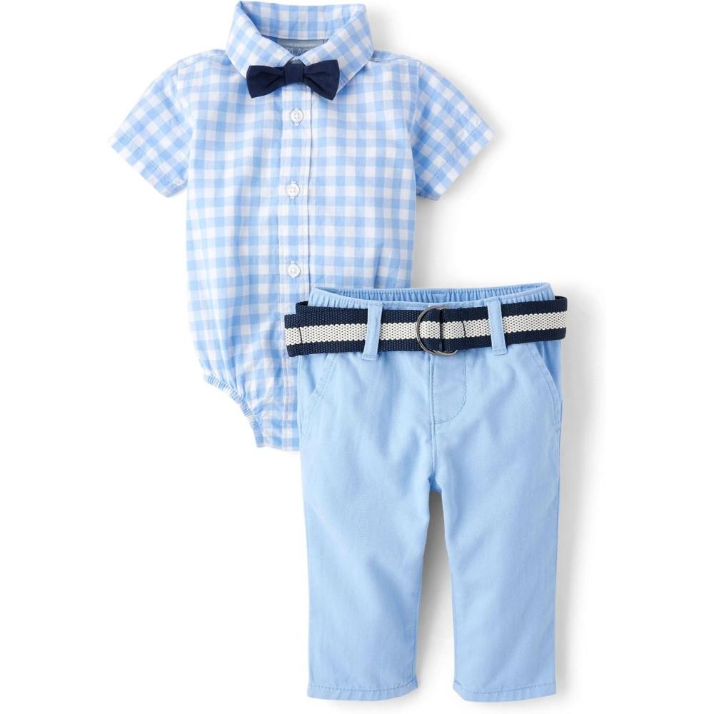 imageThe Childrens Place babyboys And Newborn Short Sleeve Button Down Shirt and Shorts 2 Piece Outfit SetBreeze Check