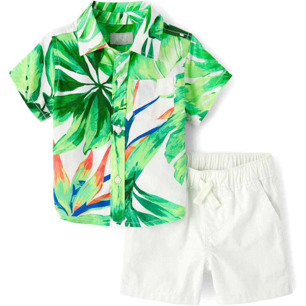 imageThe Childrens Place babyboys And Newborn Short Sleeve Button Down Shirt and Shorts 2 Piece Outfit SetPalm Tree