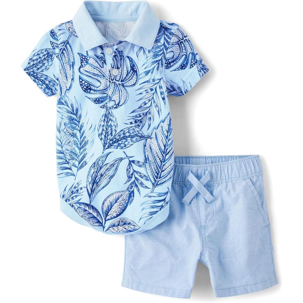 imageThe Childrens Place babyboys And Newborn Short Sleeve Button Down Shirt and Shorts 2 Piece SetBlue Tropical