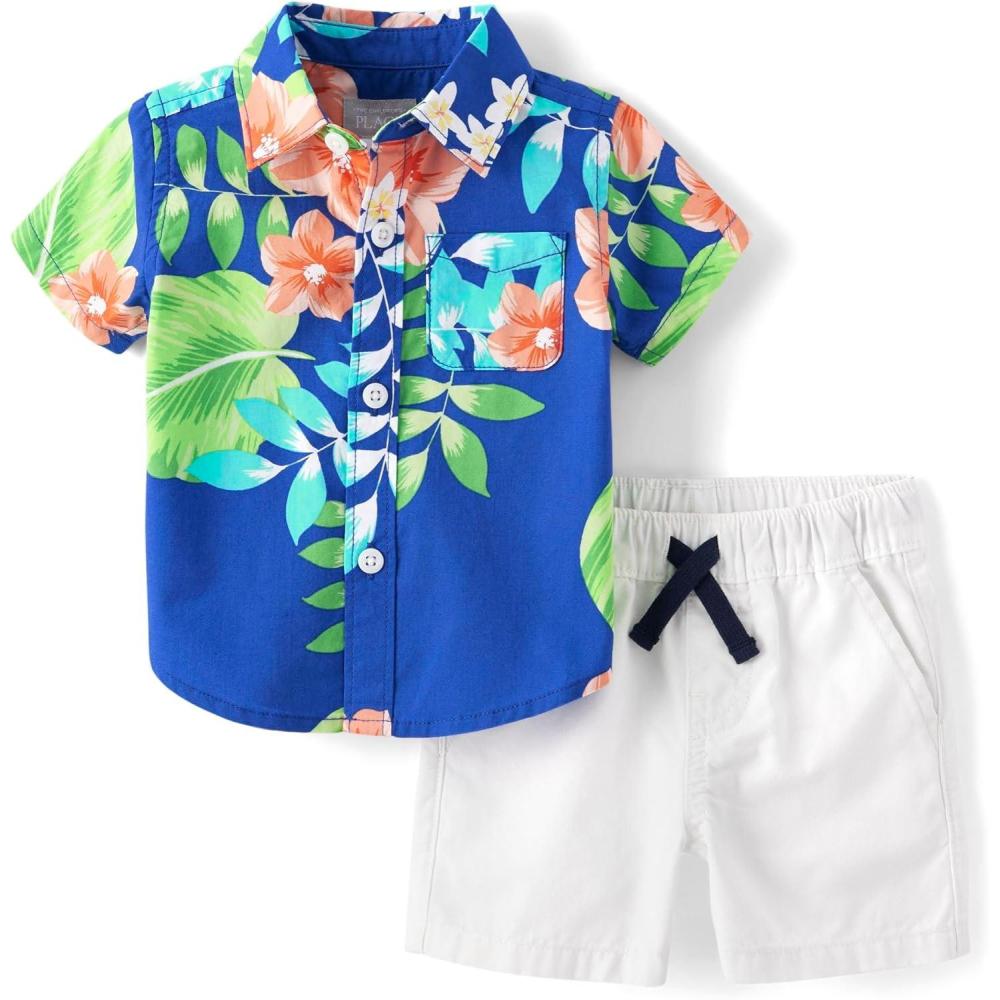 imageThe Childrens Place babyboys And Newborn Short Sleeve Button Down Shirt and Shorts 2 Piece SetCool Cobalt Hawaiian