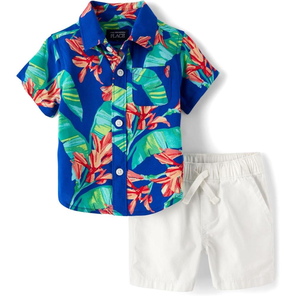 imageThe Childrens Place babyboys And Newborn Short Sleeve Button Down Shirt and Shorts 2 Piece SetPalm Tropical