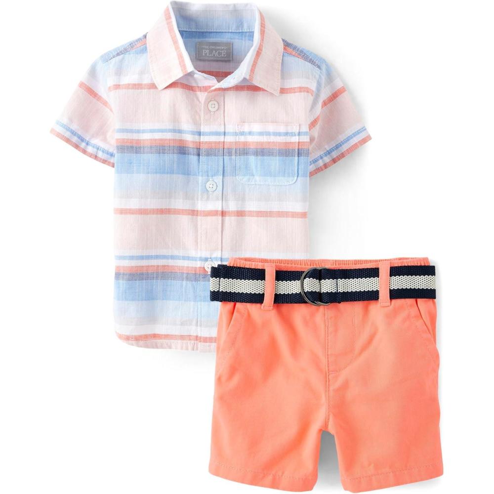 imageThe Childrens Place babyboys And Newborn Short Sleeve Button Down Shirt and Shorts 2 Piece SetSummer Dawn Stripe