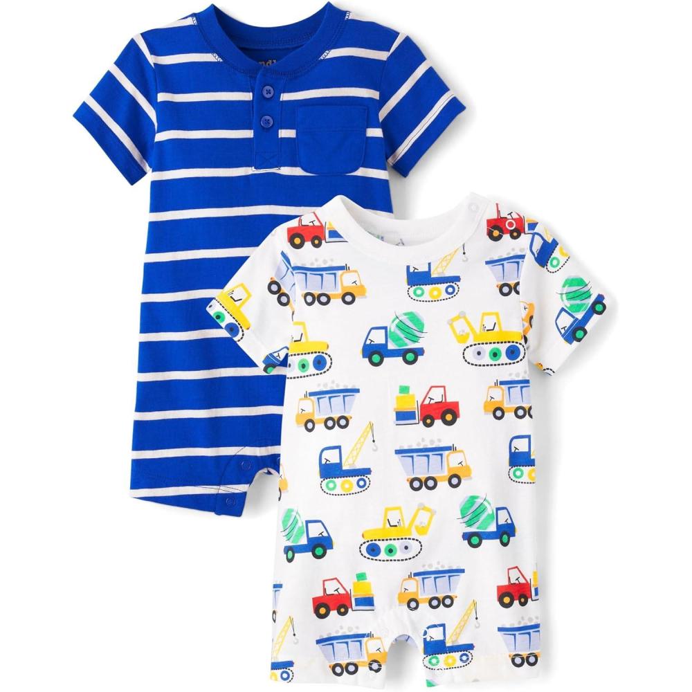 imageThe Childrens Place babyboys And Newborn Short Sleeve RomperConstruction Trucks 2pack