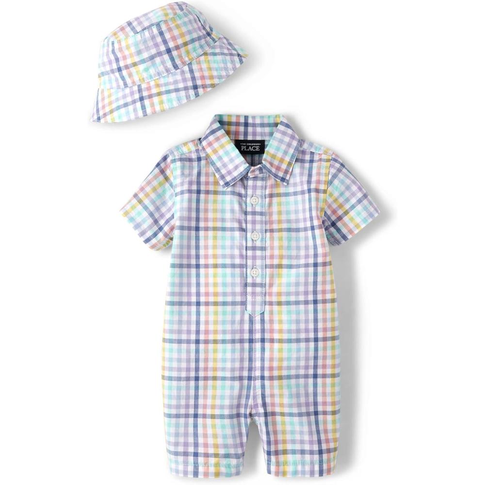 imageThe Childrens Place babyboys And Newborn Woven Plaid Romper and Hat 2piece SetMulti Check Plaid