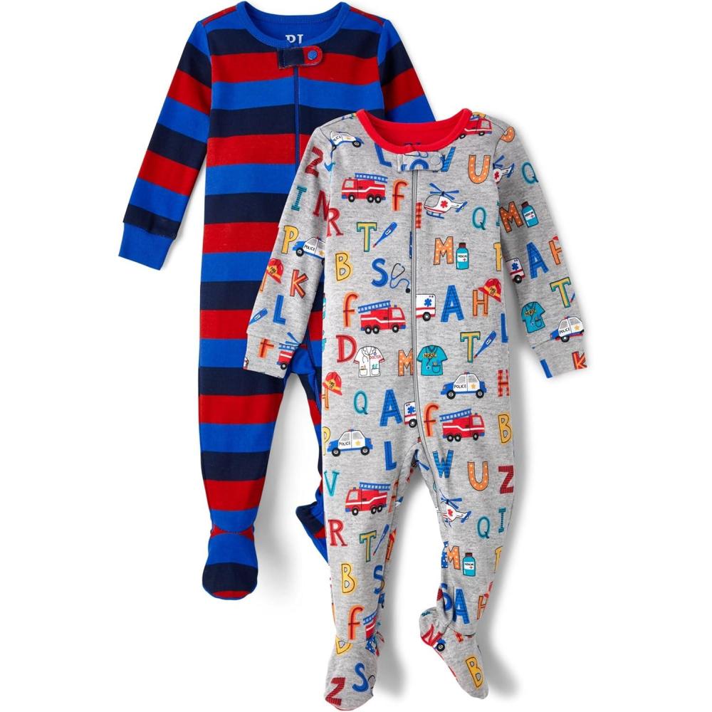 imageThe Childrens Place babyboys And Toddler Long Sleeve 100 Cotton Zipfront One Piece Footed PajamaFiretuck 2pack