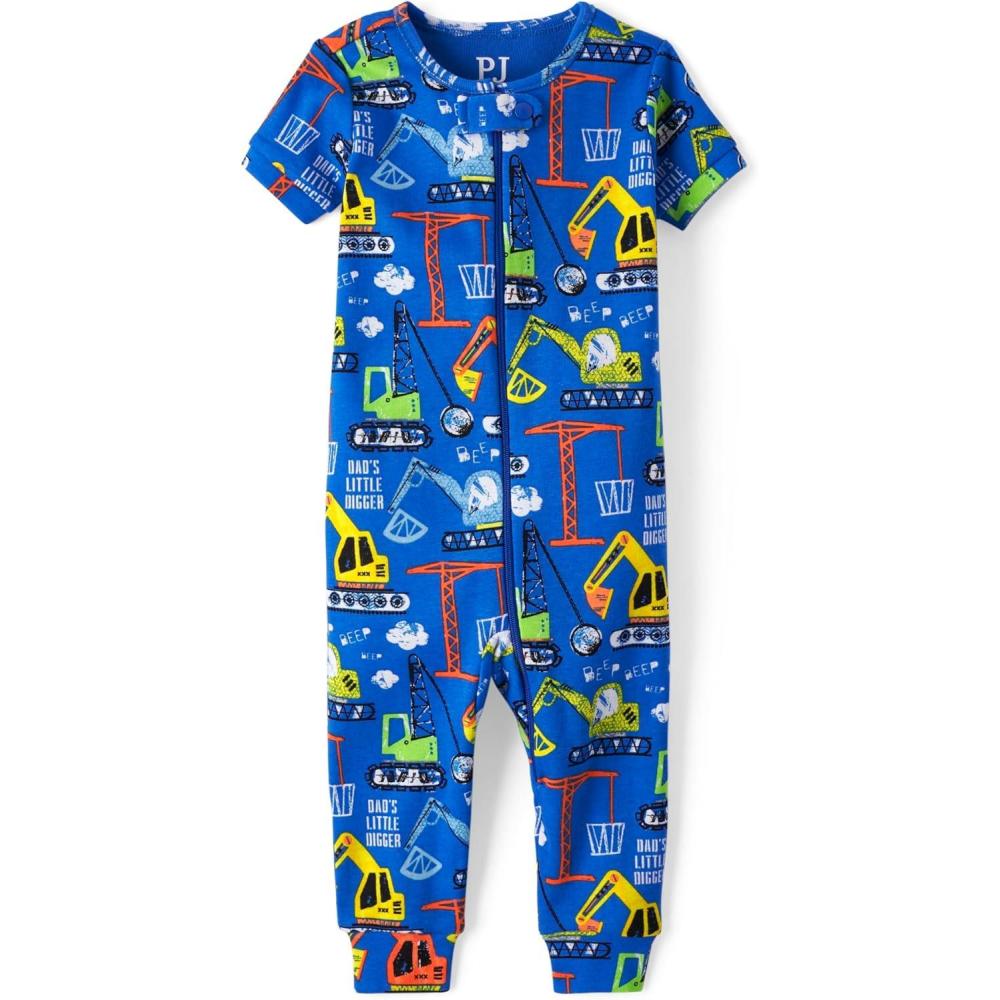 imageThe Childrens Place babyboys And Toddler Short Sleeve Zipfront One Piece Footless Pajama Snug Fit 100 CottonConstruction Vehicles