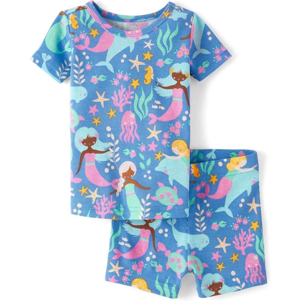 imageThe Childrens Place babygirls And Newborn 100 Cotton Short Sleeve Top and Shorts 2 Piece Pajama SetMermaid