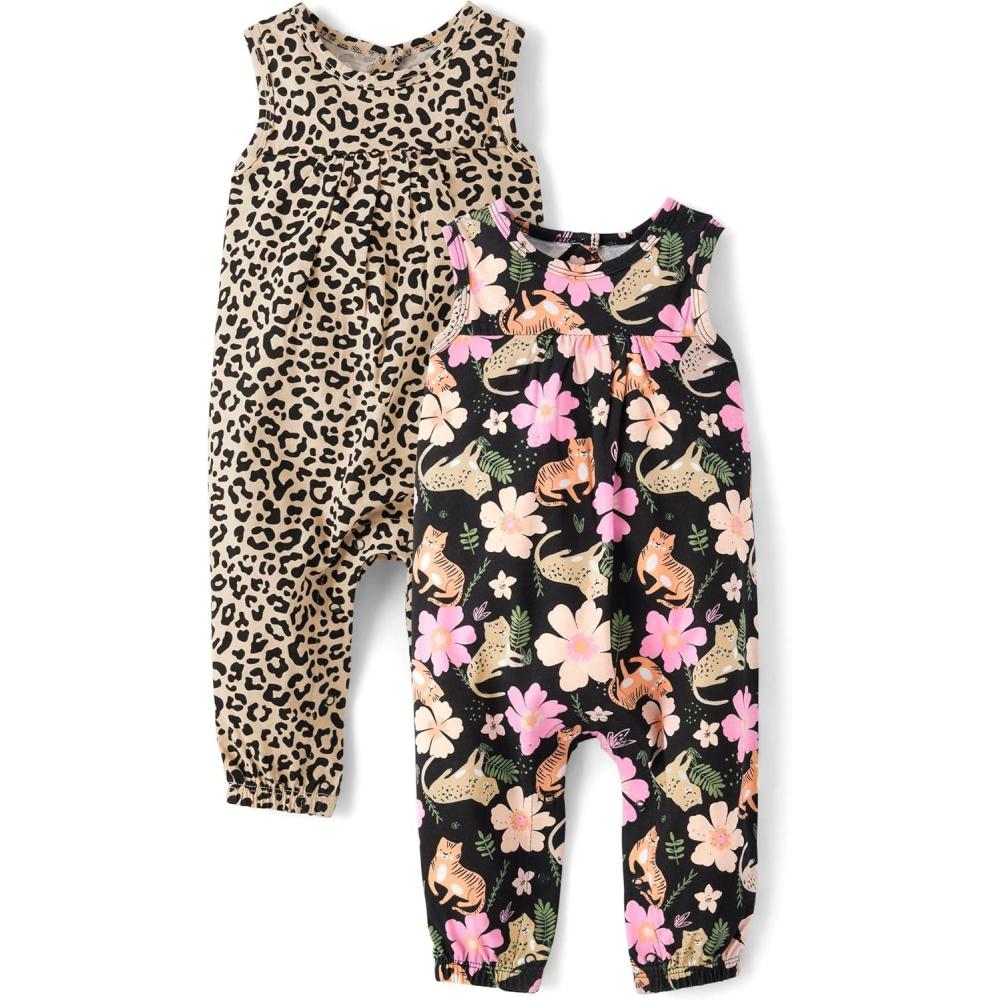 imageThe Childrens Place babygirls And Newborn Sleeveless Pant Romper Playwear OutfitFloralCheetah 2pack