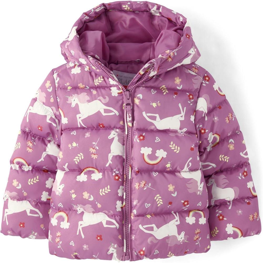 imageThe Childrens Place babygirls And Toddler Girls Medium Weight Windresistant Waterresistant Puffer JacketDusty Rose Unicorns