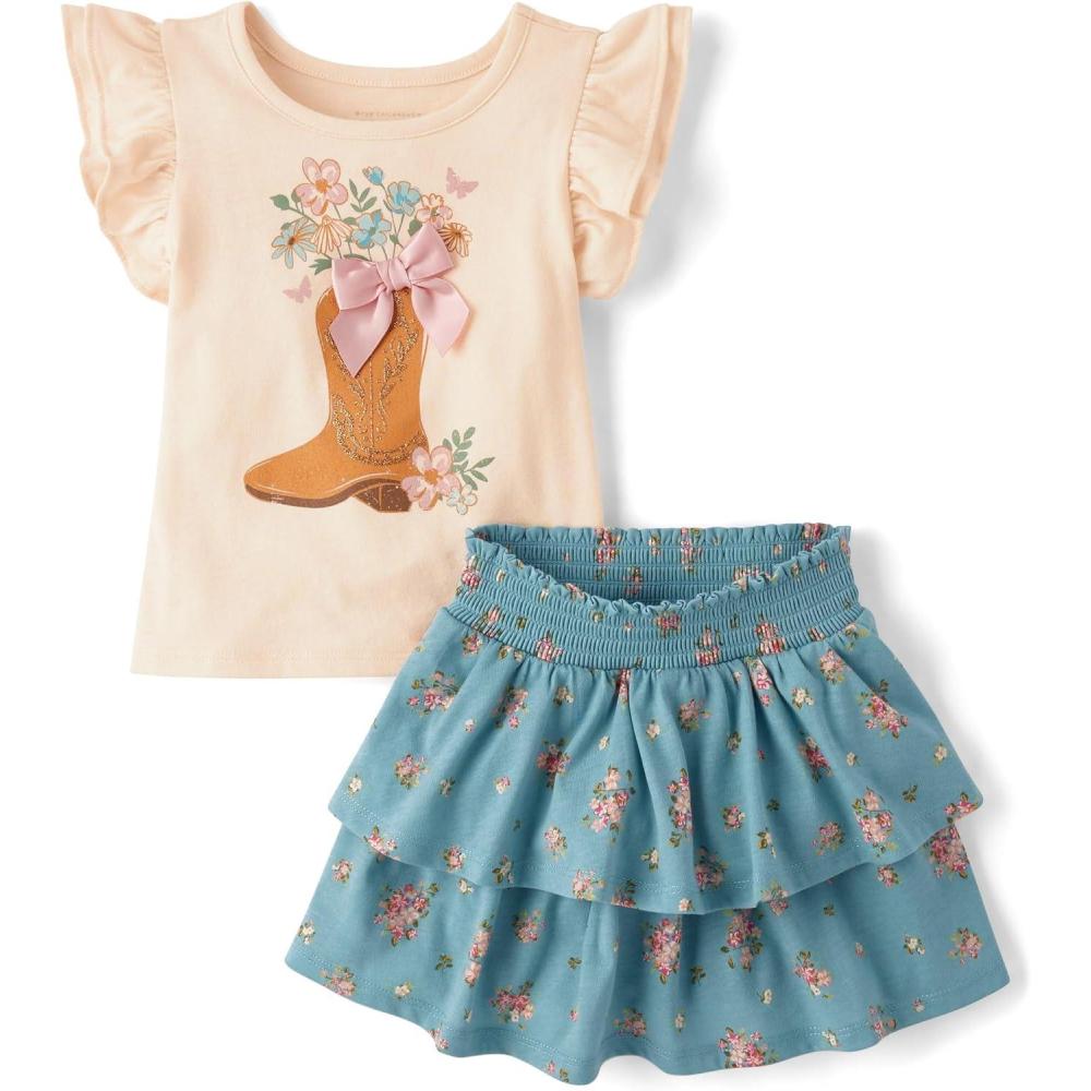 imageThe Childrens Place babygirls And Toddler Short Sleeve Shirt and Skirt 2 Piece OutfitWinter Sky