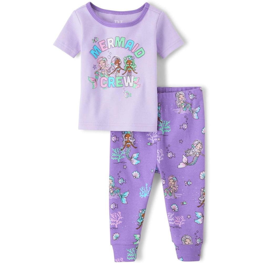 imageThe Childrens Place babygirls And Toddler Snug Fit 100 Cotton Short Sleeve Top and Pants 2 Piece Pajama SetMermaid Crew