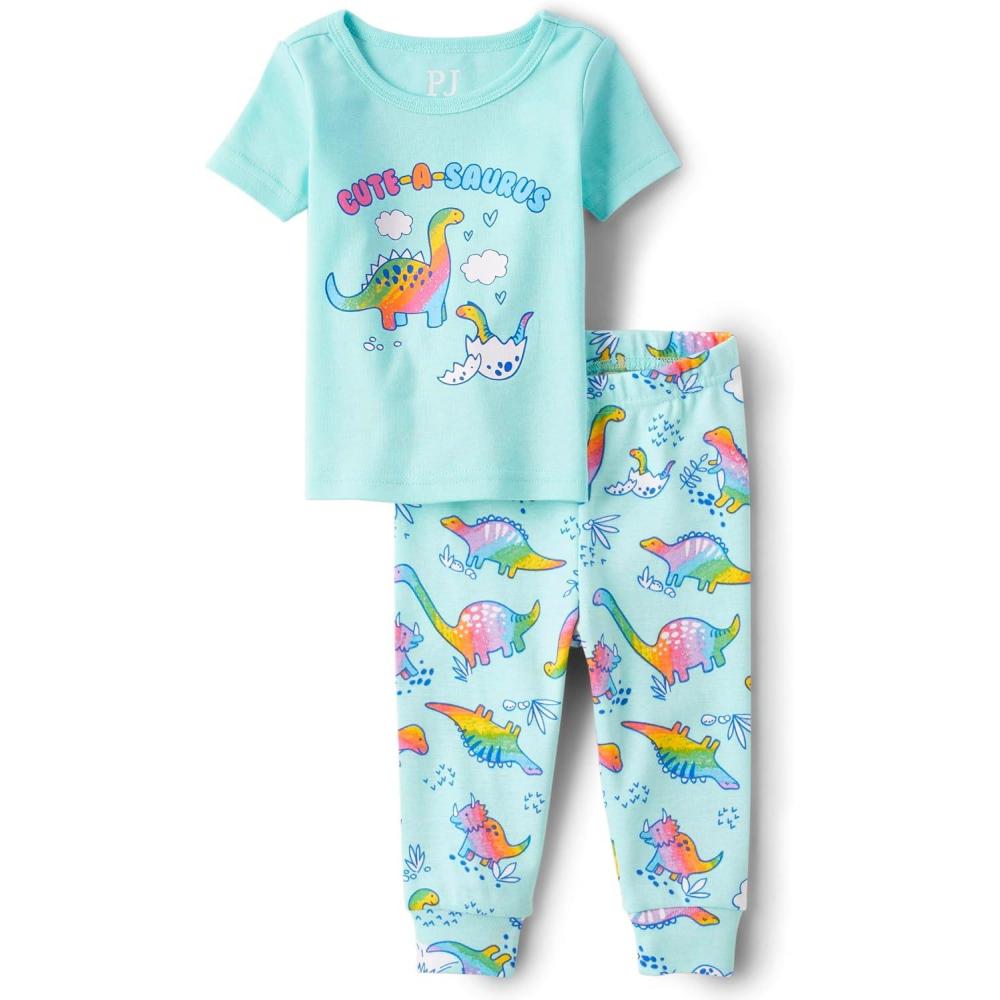 imageThe Childrens Place babygirls And Toddler Snug Fit 100 Cotton Short Sleeve Top and Pants 2 Piece Pajama SetRainbow Dino