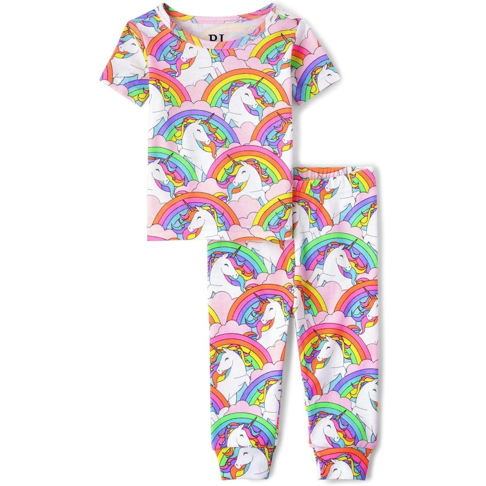 imageThe Childrens Place babygirls And Toddler Snug Fit 100 Cotton Short Sleeve Top and Pants 2 Piece Pajama SetUnicorn Neon Peony