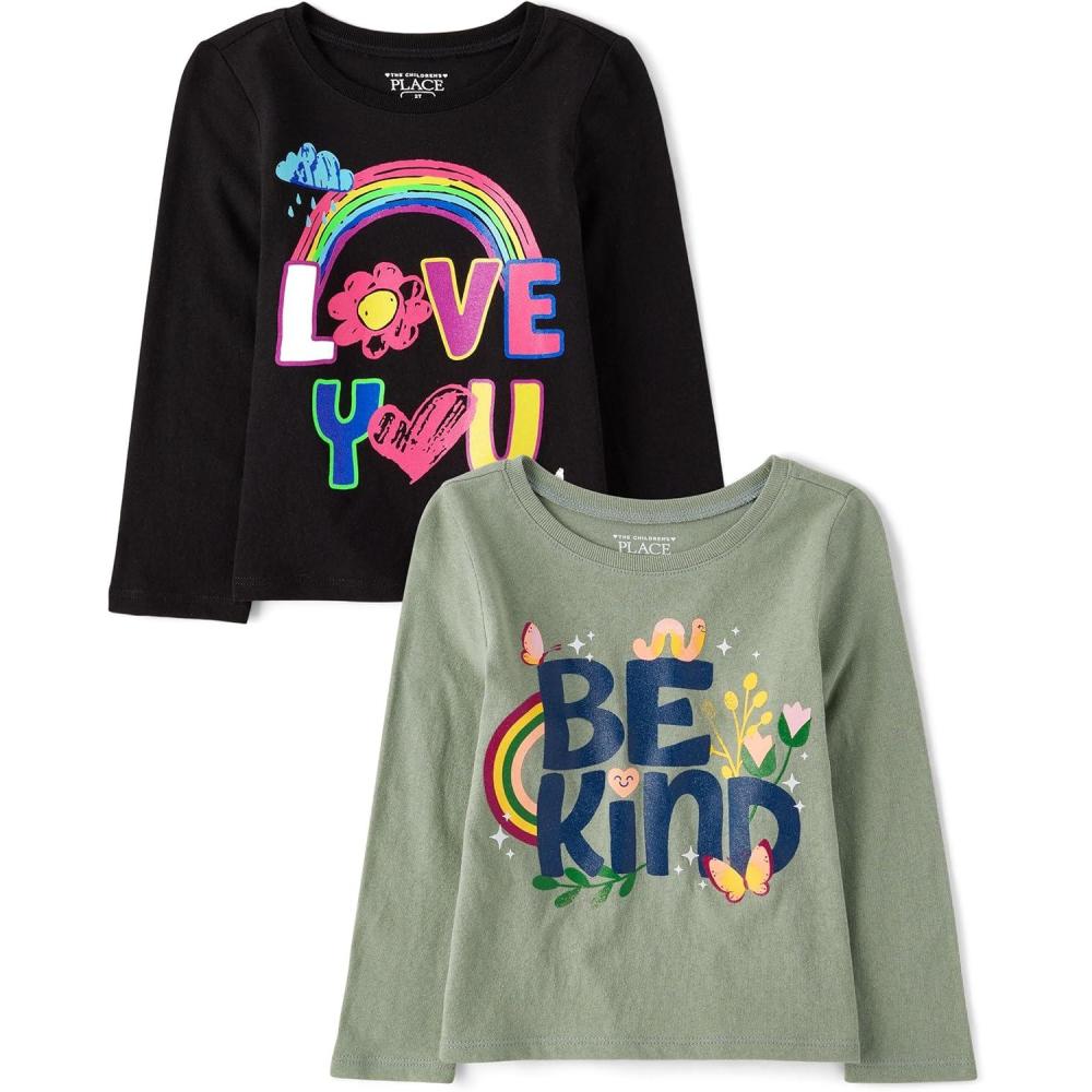 imageThe Childrens Place babygirls And Toddler Unicornsbutterfliestrends Long Sleeve Graphic Tshirts2 PackBe KindLove You