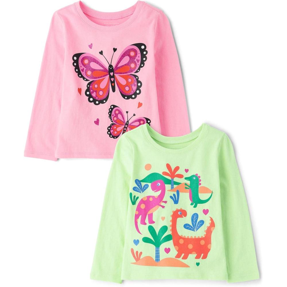 imageThe Childrens Place babygirls And Toddler Unicornsbutterfliestrends Long Sleeve Graphic Tshirts2 PackButterflyDino