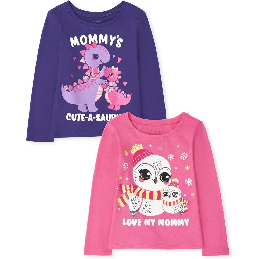 imageThe Childrens Place babygirls And Toddler Unicornsbutterfliestrends Long Sleeve Graphic Tshirts2 PackMommys CuteasaurusLove Mommy