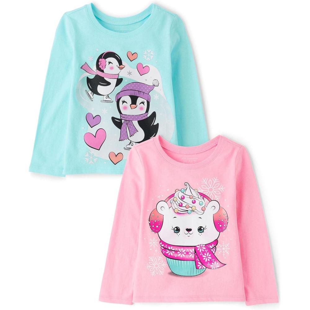 imageThe Childrens Place babygirls And Toddler Unicornsbutterfliestrends Long Sleeve Graphic Tshirts2 PackPenguinPolar Bear Cupcake