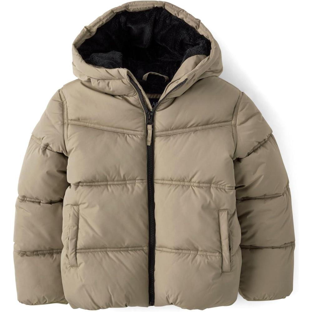 imageThe Childrens Place boys Water and Wind Resistant Hooded Zip Front Puffer Jacket Faux Fur LinedChinchilla